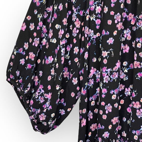 H&M Mini Dress Women Size XXL Black Floral Keyhole Viscose Half Puff Sleeve Boho - Picture 4 of 13